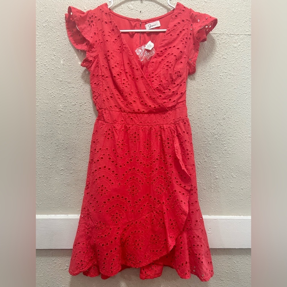 Japna Watermelon Eyelet Lace Faux Wrap Dress Small